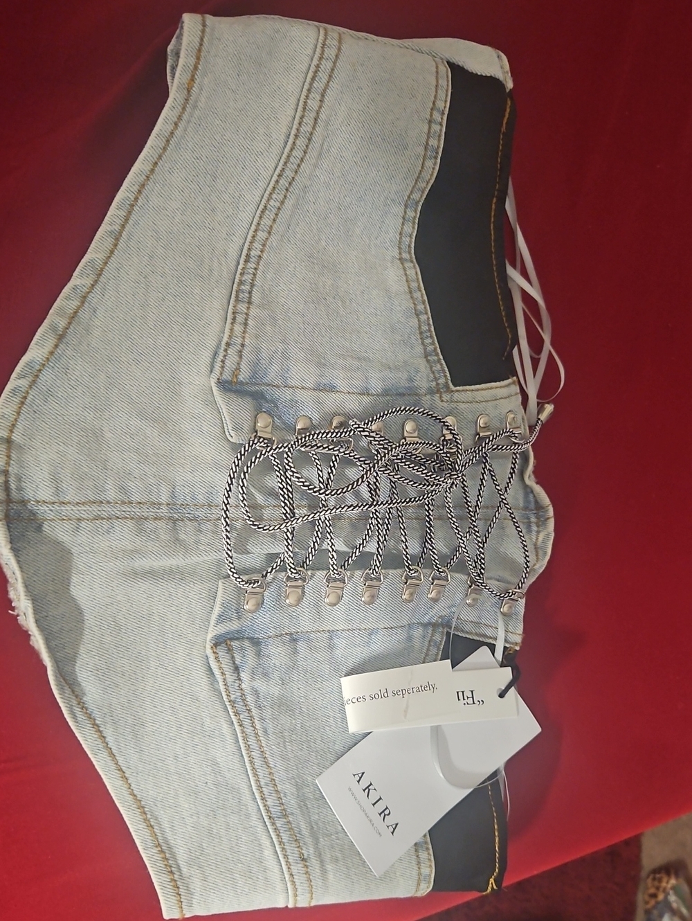 AKIRA Light Blue Denim Jeans with Black Panel & Lace-Up Detail